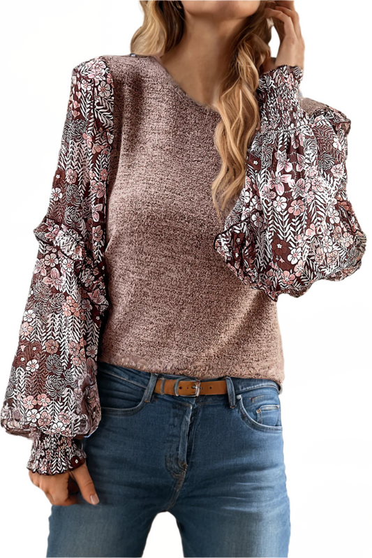 LDC Ruffle Tiered Floral Sleeve Crew Neck Blouse