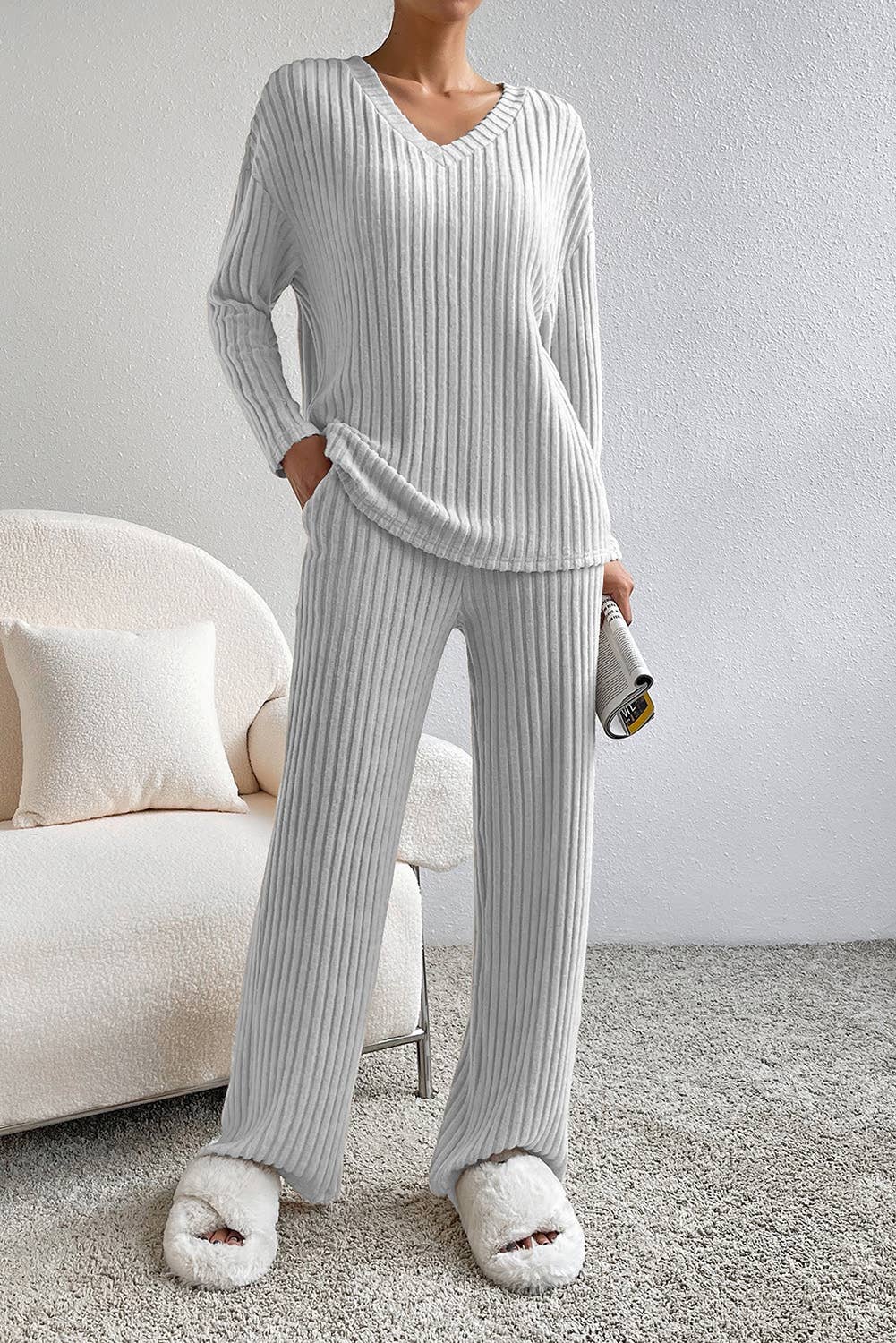 Ribbed Knit V Neck Slouchy Two-piece Outfit