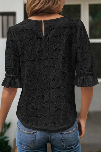 LDC Flower Jacquard Keyhole Flounce Sleeve Top