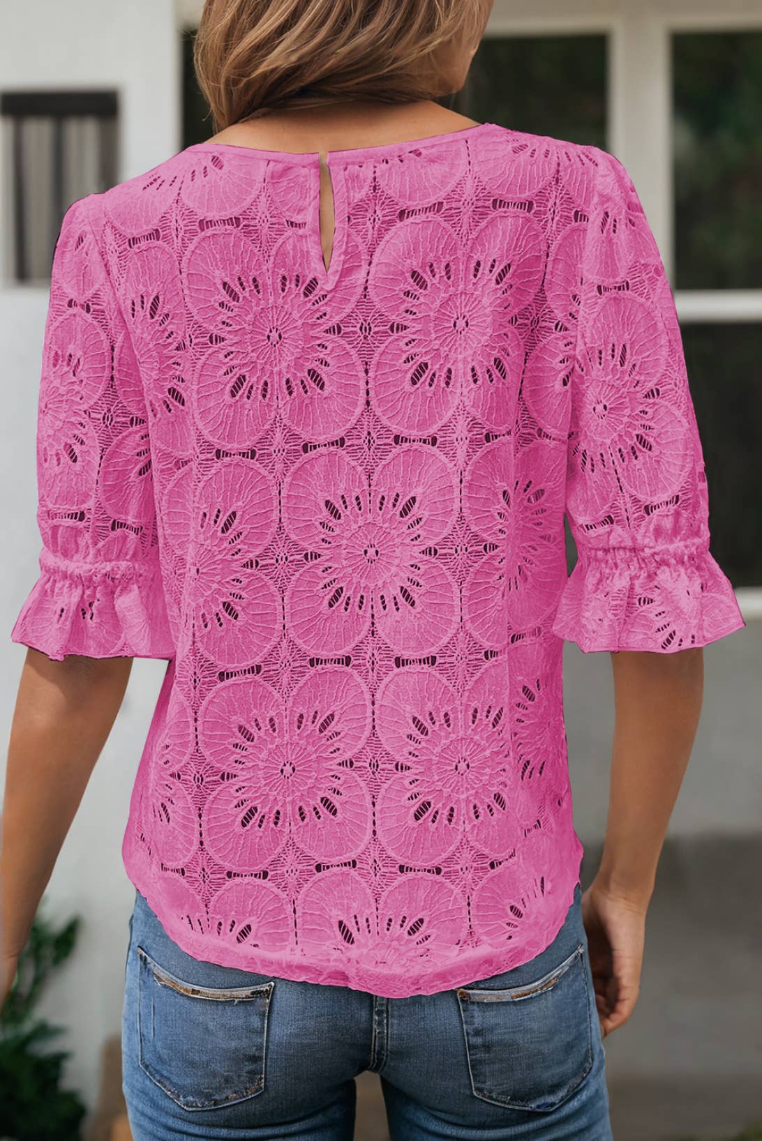 LDC Flower Jacquard Keyhole Flounce Sleeve Top