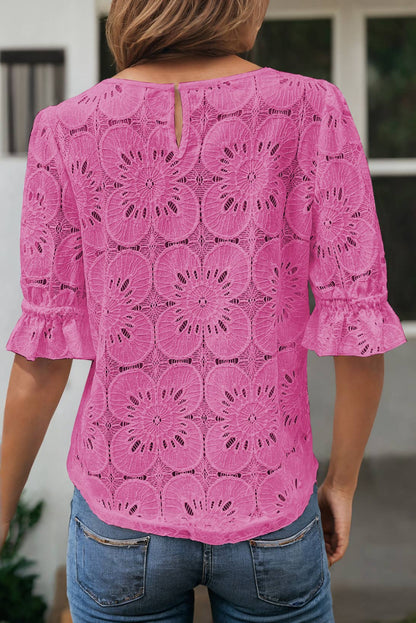 LDC Flower Jacquard Keyhole Flounce Sleeve Top