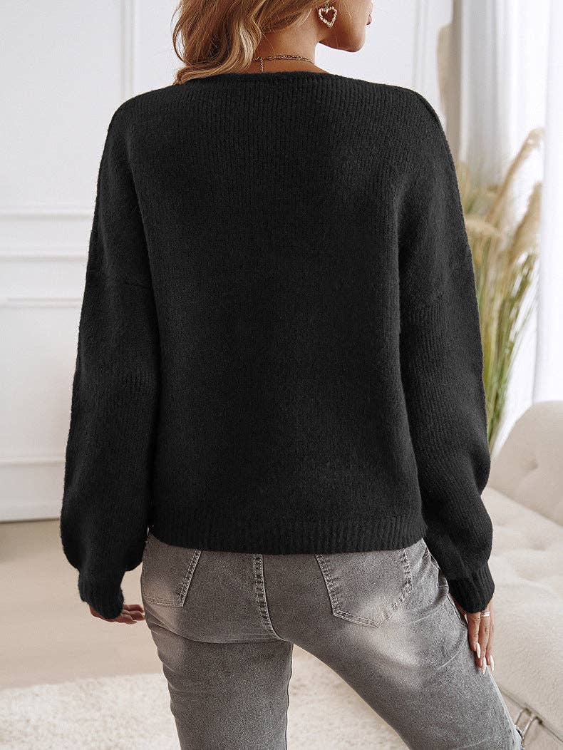 Black Casual Loose Cardigan Tie Solid Colour Sweater Women