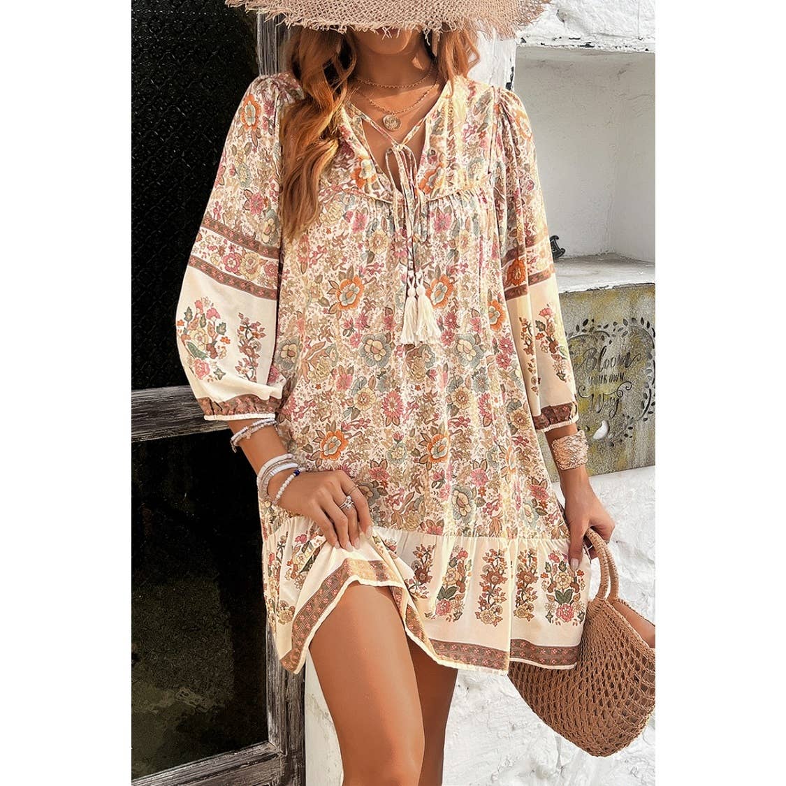 Ruched Bohe Print V Neck Ruffle Hem Tassel Dress