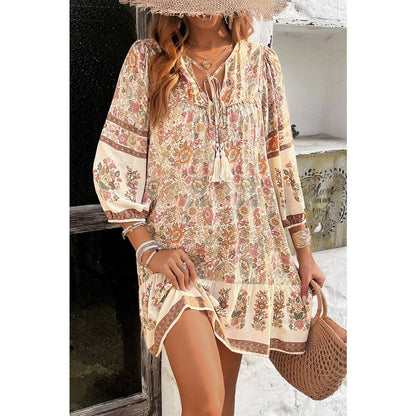 Ruched Bohe Print V Neck Ruffle Hem Tassel Dress