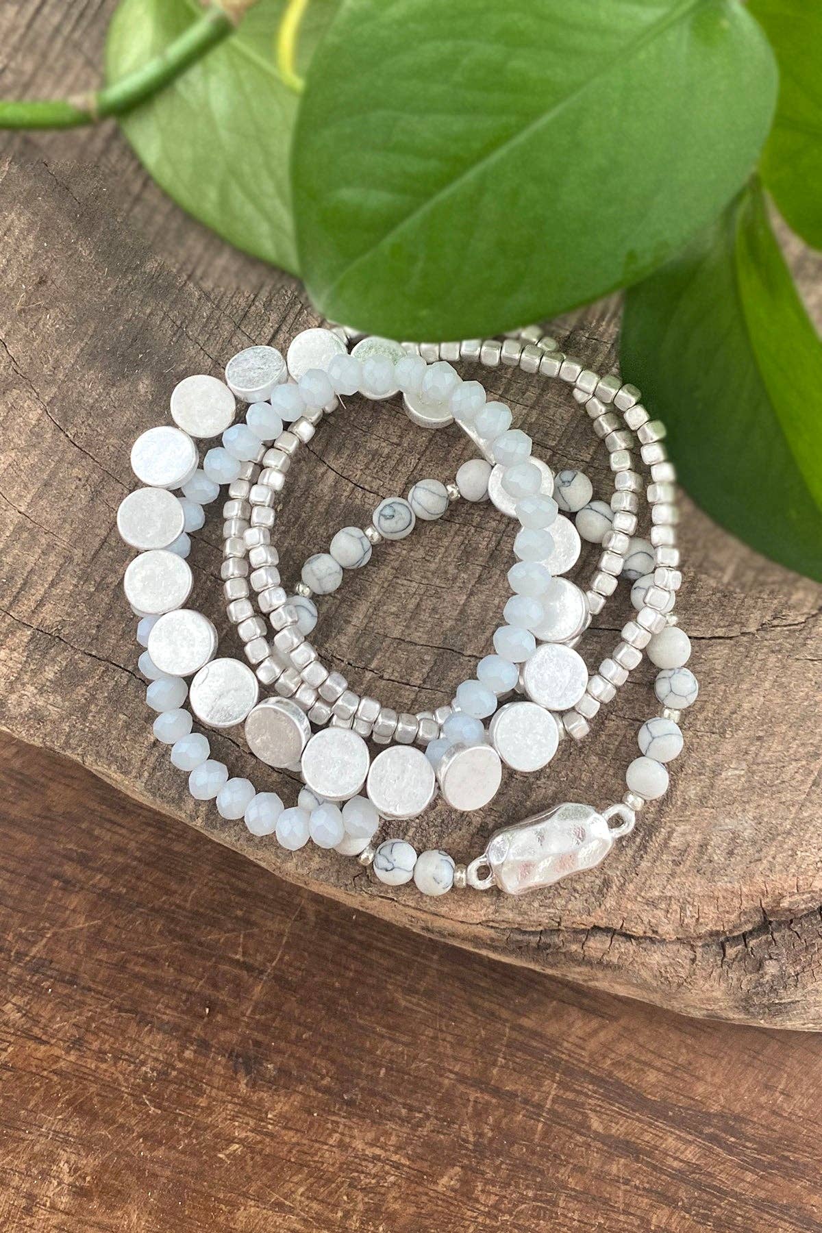 5 piece Boho Beaded Bracelets Stack Semi Precious Metal Glas