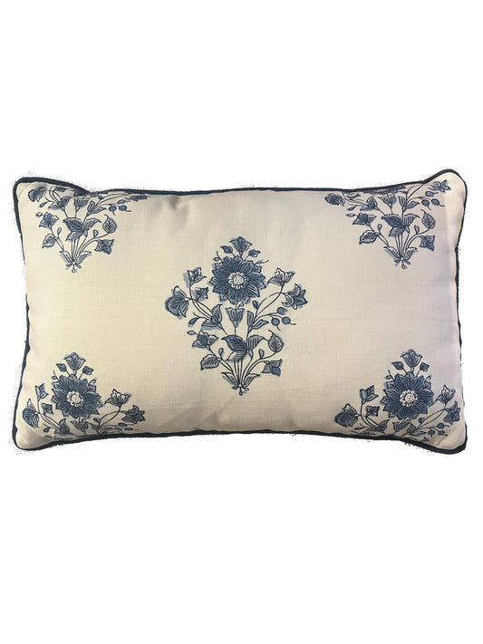 Blue Floral with Blue Welting Throw Pillow