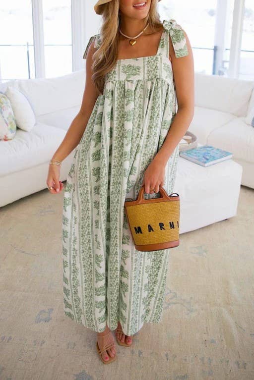 Calista Ethnic Floral Print midi dress with bow straps