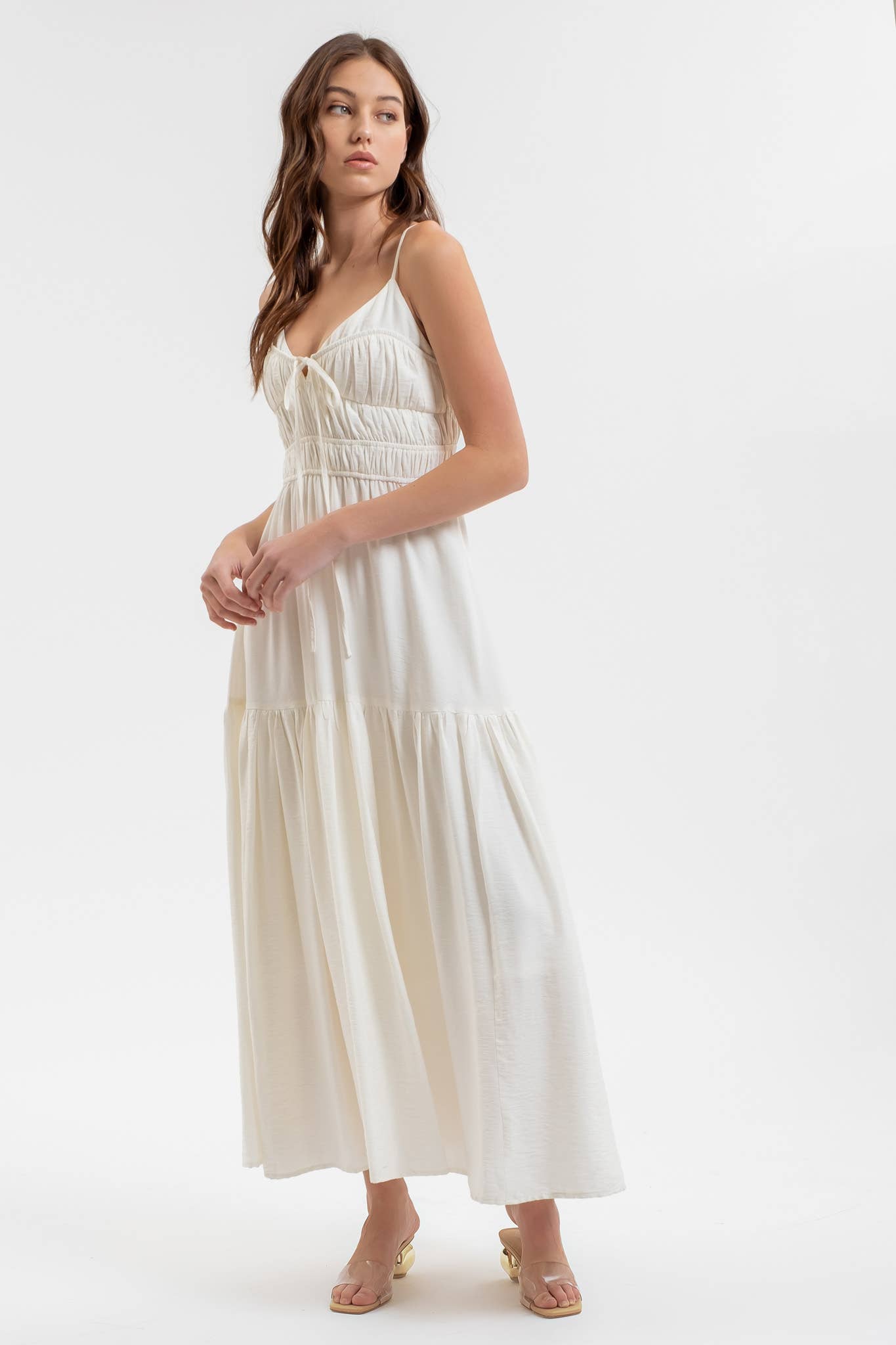 Shirred Front Tie Sleeveless Midi Dress