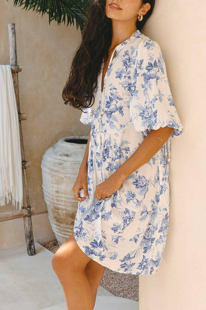 Boho Blue Floral puff sleeve Tiered babydoll dress