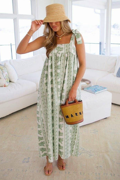 Calista Ethnic Floral Print midi dress with bow straps