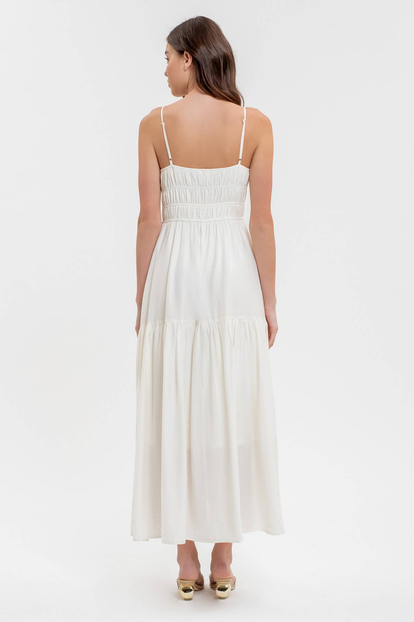 Shirred Front Tie Sleeveless Midi Dress