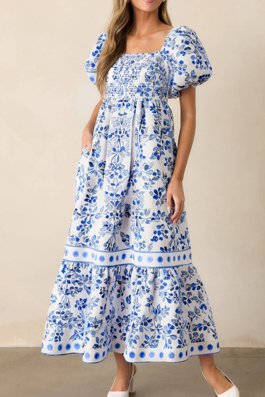 Floral Print Square Neck Bubble Sleeve High Waist Maxi Dress