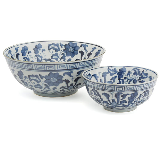 Blue and White Set of 2 Lotus Flower Lianzu Decorative Bowls - Hand-Painted Porcelain