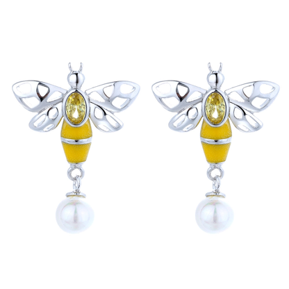 Silver Bee Earrings with Pearl & Crystals