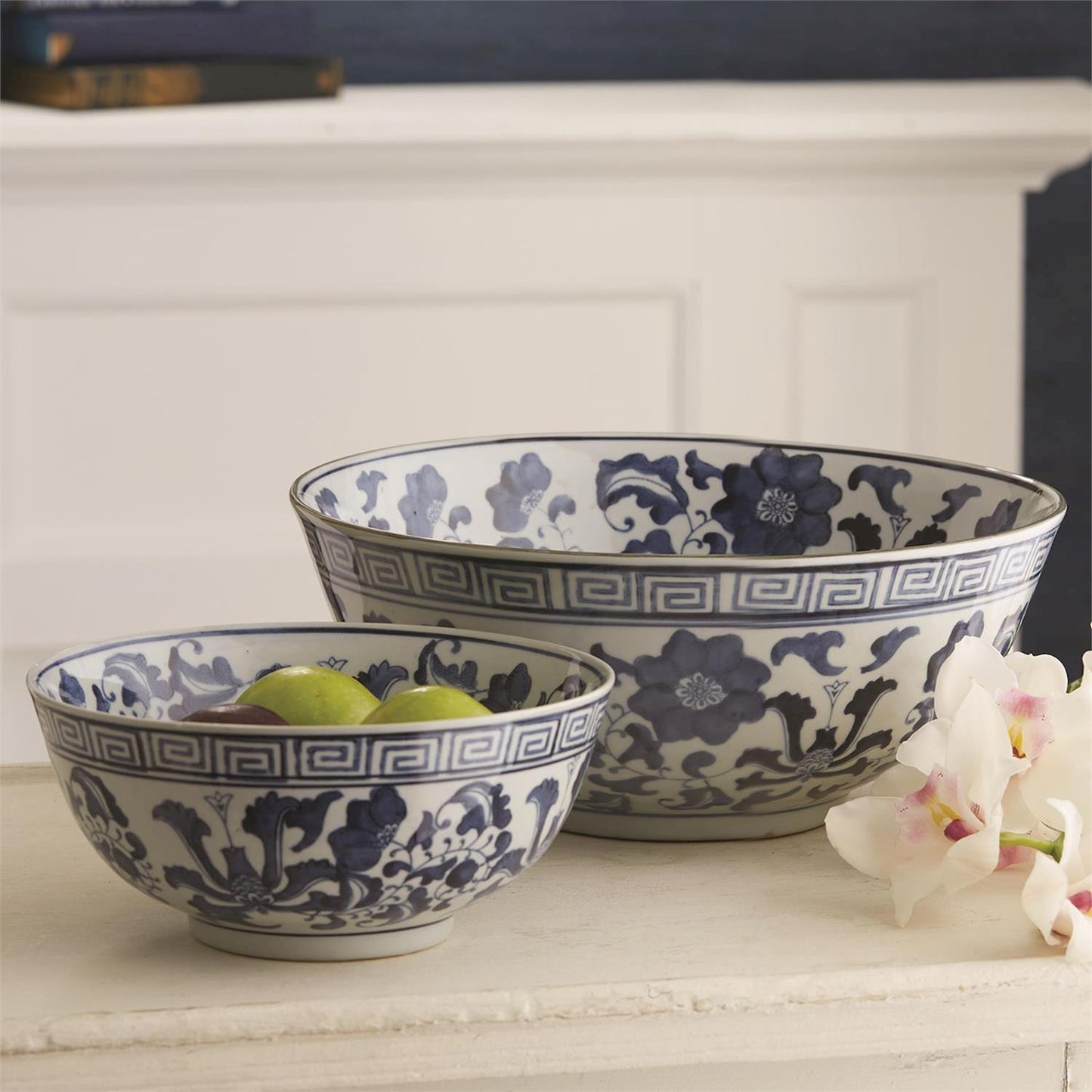 Blue and White Set of 2 Lotus Flower Lianzu Decorative Bowls - Hand-Painted Porcelain