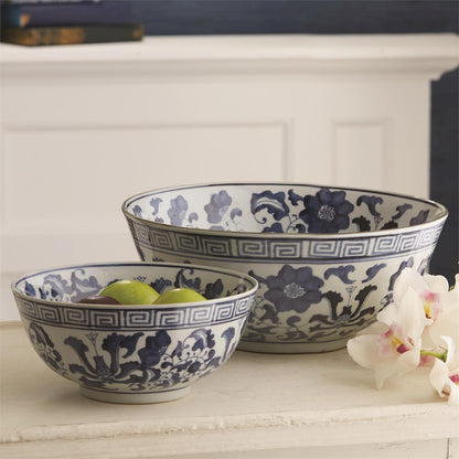 Blue and White Set of 2 Lotus Flower Lianzu Decorative Bowls - Hand-Painted Porcelain